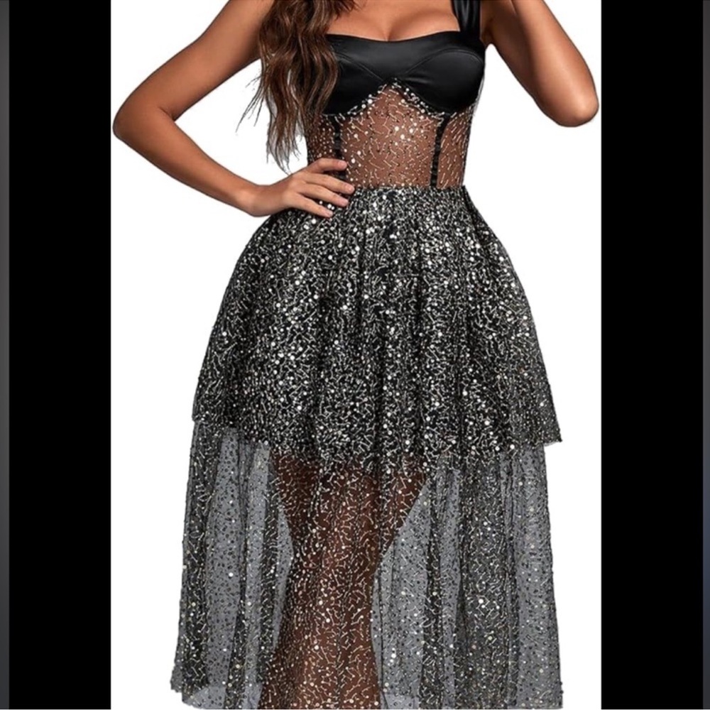 Bella Barnett Tamo Mesh Black Sequin Sheer High-Low Party Dress Sz Medium